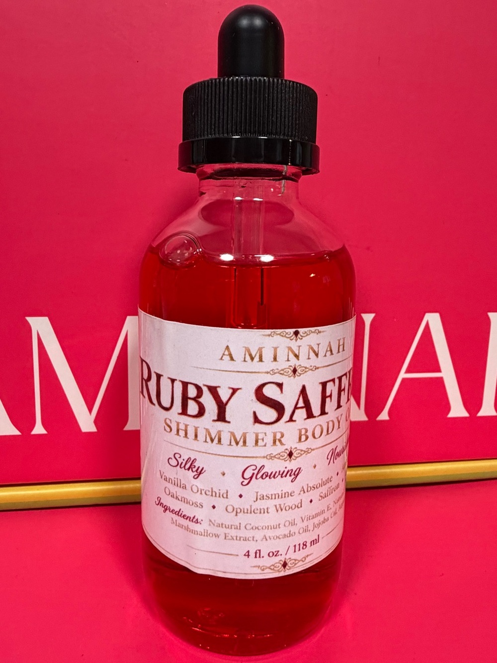 Aminnah Ruby Saffron Shimmer Body Oil 4 oz Baccarat Rouge Inspired